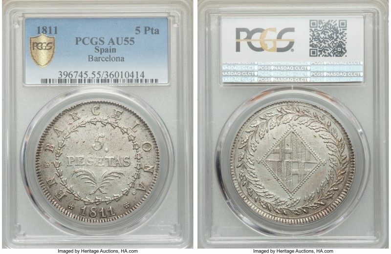 Barcelona. Joseph Napoleon 5 Pesetas 1811 AU55 PCGS, KM69, Cay-14707. An exceedi...