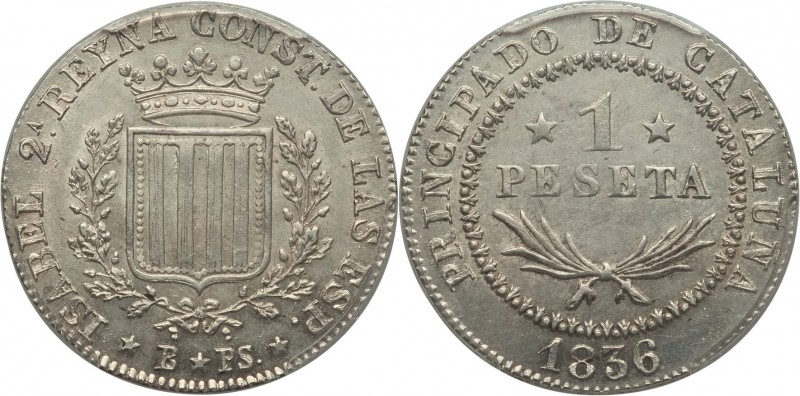 Catalonia. Isabel II Peseta 1836 B-PS MS62 PCGS, Barcelona mint, KM129. A condit...