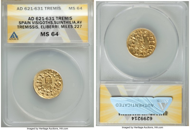 Visigoths. Suinthila gold Tremissis ND (621-631) MS64 ANACS, Eliberri mint, Mile...