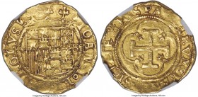 Charles & Johanna gold Escudo ND (1516-1555)-S AU Details (Reverse Scratched) NGC, Seville mint, Fr-153, Cal-58. Typically crude for the type, with to...