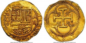 Philip II gold Cob 2 Escudos ND (1556-1598) G-A AU58 NGC, Granada mint, Fr-168, Cal-38. 6.71gm. Typically sharp with bold, full designs and almost Min...