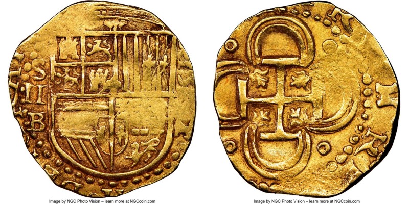 Philip II gold Cob 2 Escudos 1592 S-B AU53 NGC, Seville mint, Fr-169, Cal-75. 6....