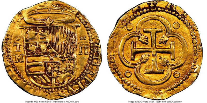 Philip II gold Cob 2 Escudos ND (1556-1598) T-M AU53 NGC, Toledo mint, Fr-170, C...