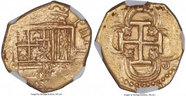 Philip III gold Cob 2 Escudos ND (1598-1621) AU55 NGC, Seville mint, KM7. 6.63gm. Struck without the majority of the legends and other non-central det...