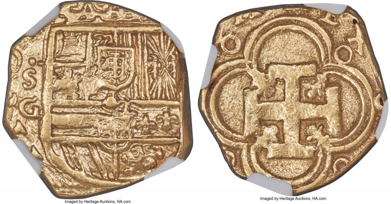 Philip III gold Cob 2 Escudos ND (1598-1621) S-G AU53 NGC, Seville mint, Cal-Typ...