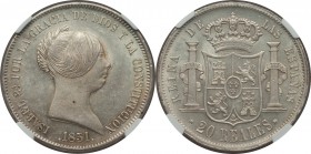Isabel II 20 Reales 1851 MS63 NGC, Madrid mint, KM593.2. Exceedingly handsome both for the type and the grade, the devices appearing very lightly fros...