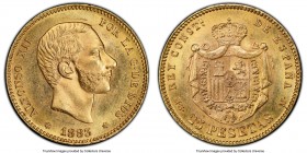 Alfonso XII gold 25 Pesetas 1883(83) MS-M MS64 PCGS, Madrid mint, KM687. A clear outlier for this somewhat scarcer date, with the majority of known ex...