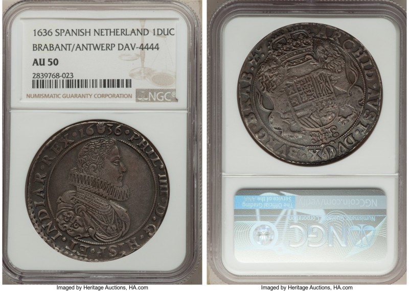 Brabant. Philip IV of Spain Ducaton 1636 AU50 NGC, Antwerp mint, KM56.1, Dav-444...