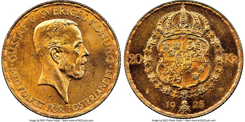 Gustaf V gold 20 Kronor 1925-W MS65 NGC, KM800. A satiny gem abounding with lust...