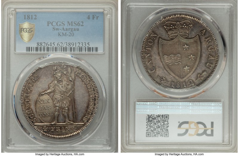 Aargau. Canton 4 Frank 1812 MS62 PCGS, KM20, Dav-361. An exacting strike yields ...