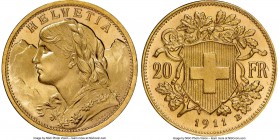 Confederation gold 20 Francs 1911-B MS66+ NGC, Bern mint, KM35.1. A very lofty grade for the type with a mildly Prooflike texture to the surfaces. 
...