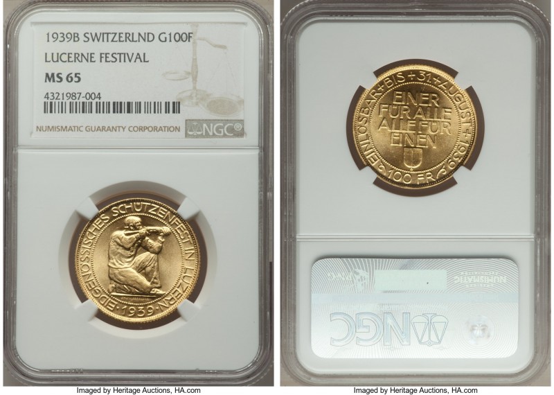 Confederation gold "Lucerne Shooting Festival" 100 Francs 1939-B MS65 NGC, Bern ...