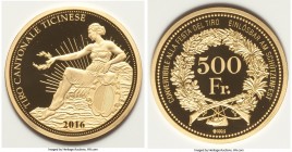 Confederation gold Proof "Ticino Shooting Festival" 500 Francs 2016, Munich mint, KM-X Unl., Häb-Unl. Mintage: 200. One of only a small handful of thi...