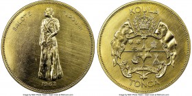Queen Salote gold Koula 1962 MS63 NGC, KM3, Fr-1. An imposing gold issue featuring the standing figure of Queen Salote Tupou III opposite the Tongan c...