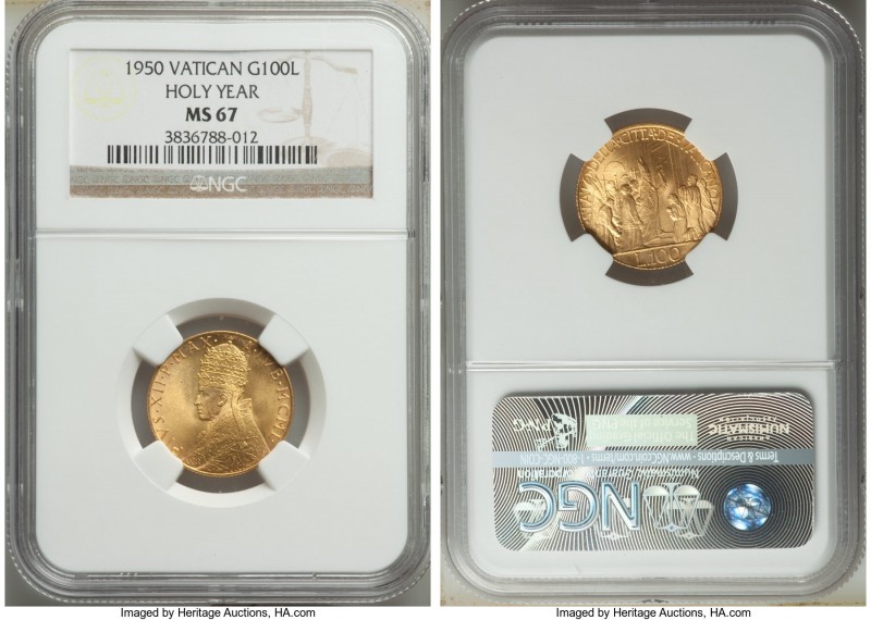 Pius XII gold 100 Lire MCML (1950) MS67 NGC, KM48. Opening of the Holy Year door...