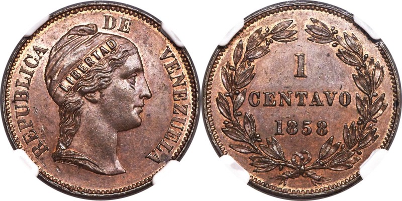 Republic Centavo 1858-HEATON MS63 Brown NGC, Heaton mint, KM-Y7. Variety with "L...