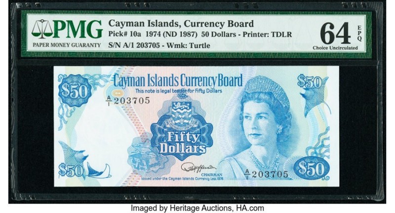 Cayman Islands Currency Board 50 Dollars 1974 (ND 1987) Pick 10a PMG Choice Unci...