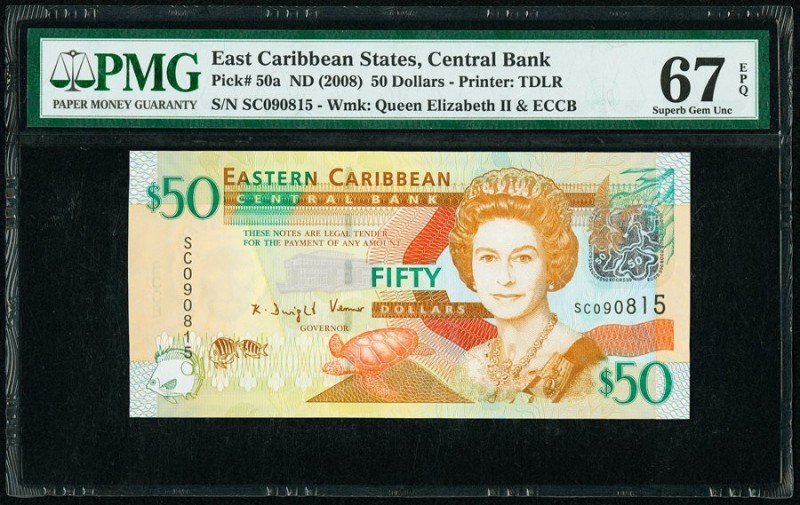 East Caribbean States Central Bank 50 Dollars ND (2008) Pick 50a PMG Superb Gem ...