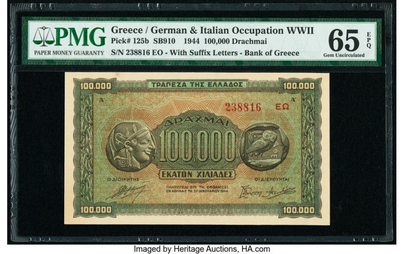 Greece German Occupation 100,000 Drachmai 1944 Pick 125b SB910 PMG Gem Uncircula...