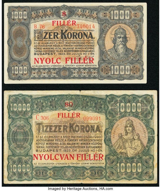 Hungary Ministry of Finance 1,000; 10,000 Korona 1923 Pick 75b; 77b Very Fine. 
...