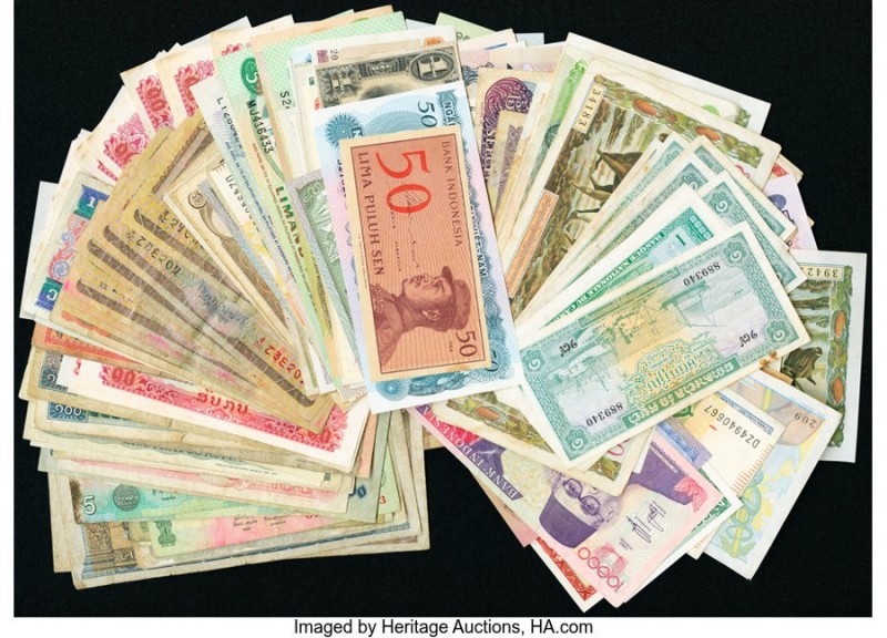 A World Group of mostly Asian Banknotes That Includes Bangladesh; India; Mongoli...