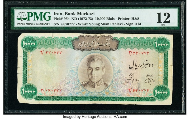 Iran Bank Markazi 10,000 Rials ND (1972-73) Pick 96b PMG Fine 12. Minor repairs....