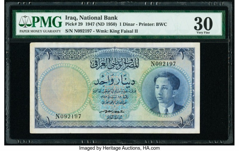 Iraq National Bank of Iraq 1 Dinar 1947 (ND 1950) Pick 29 PMG Very Fine 30. 

HI...