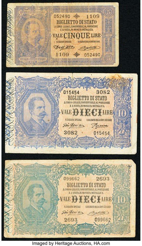 Italy Biglietto Di Stato 5 Lire 1892 Pick 18c; 10 Lire 1915 Pick 20f; 1918 Pick ...