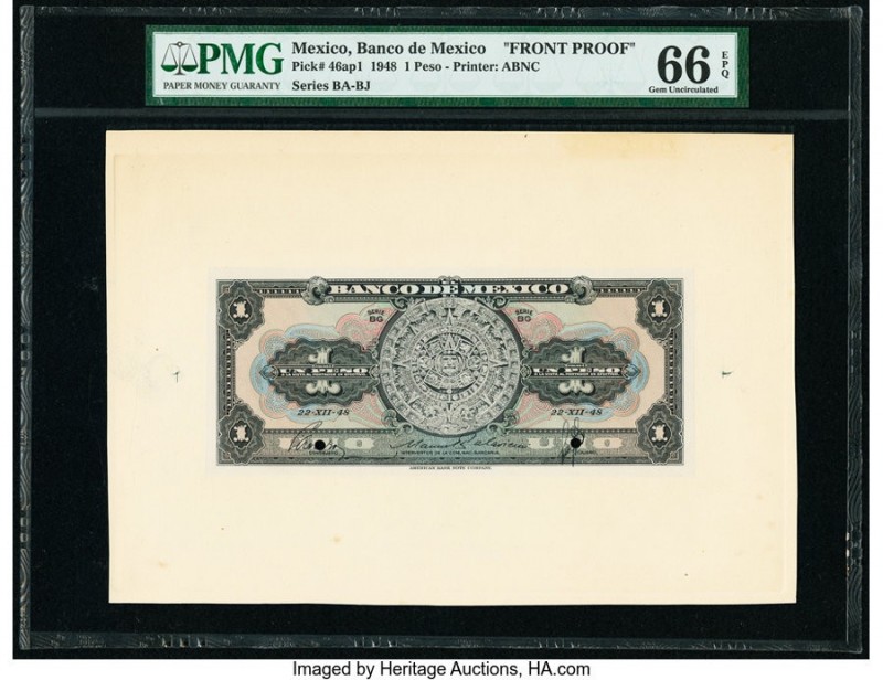 Mexico Banco de Mexico 1 Peso 22.12.1948 Pick 46ap1 Front Proof PMG Gem Uncircul...