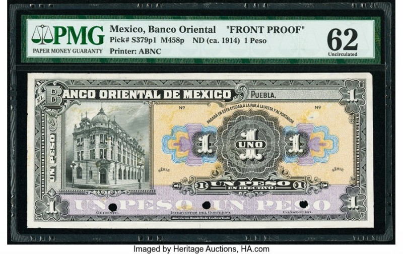 Mexico Banco Oriental 1 Peso ND (ca. 1914) Pick S379p1 M458p Front Proof PMG Unc...