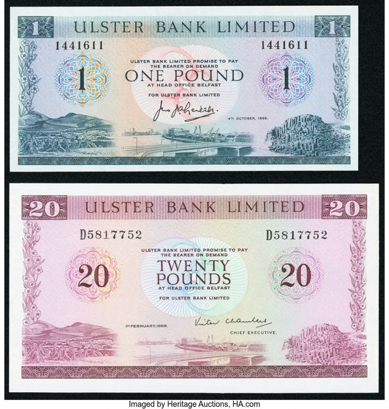 Northern Ireland Ulster Bank Limited 1 Pound 1966 Pick 321a; 20 Pounds 1988 Pick...
