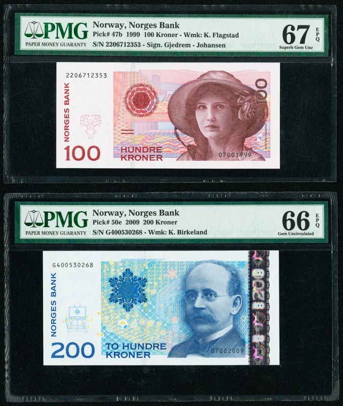 Norway Norges Bank 100; 200 Kroner 1999; 2009 Pick 47b; 50e Two Examples PMG Sup...