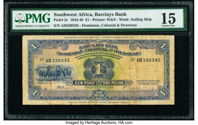 Southwest Africa Barclays Bank D.C.O. 1 Pound 1.4.1949 Pick 2c PMG Choice Fine 1...