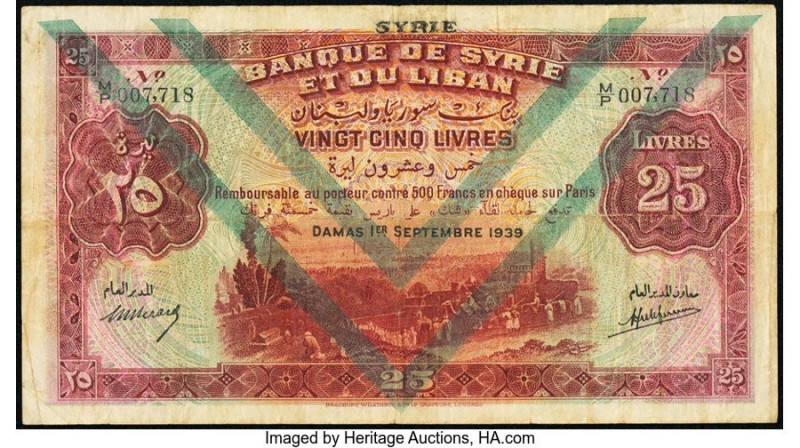 Syria Banque de Syrie et du Liban 25 Livres 1.9.1939 Pick 43b Very Fine. This no...