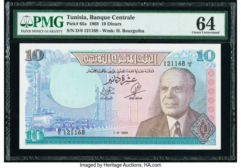 Tunisia Banque Centrale 10 Dinars 1.6.1969 Pick 65a PMG Choice Uncirculated 64. ...