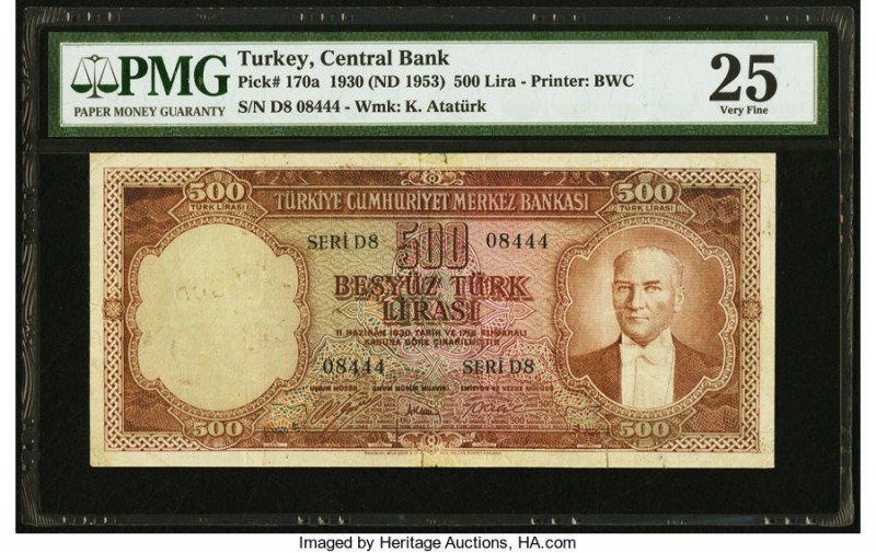 Turkey Central Bank 500 Lira 11.6.1930 (ND 1953) Pick 170a PMG Very Fine 25. Min...