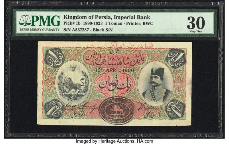Iran Kingdom of Persia, Imperial Bank 1 Toman 10.4.1900 Pick 1b PMG Very Fine 30...