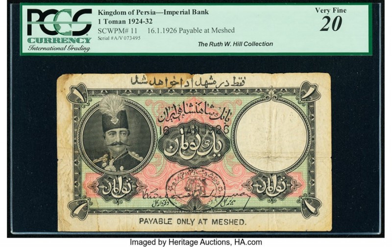 Iran Kingdom of Persia, Imperial Bank 1 Toman 16.1.1926 Meshed Pick 11 PCGS Very...