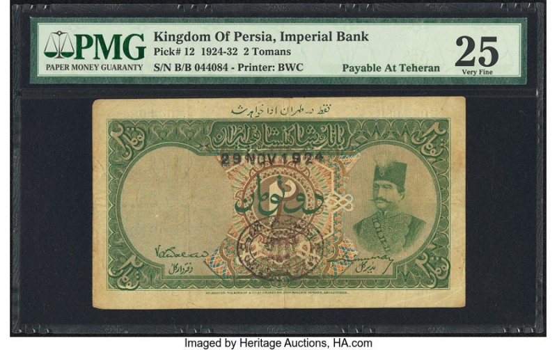 Iran Kingdom of Persia, Imperial Bank 2 Tomans 29.11.1924 Pick 12 Teheran PMG Ve...
