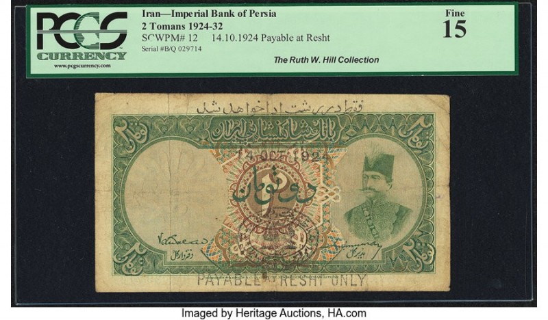 Iran Kingdom of Persia, Imperial Bank 2 Tomans 14.10.1924 Pick 12 Resht PCGS Fin...