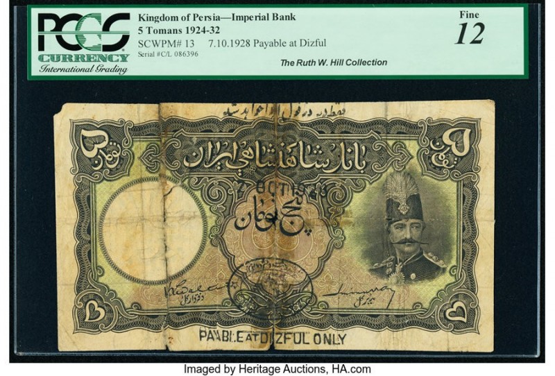 Iran Kingdom of Persia, Imperial Bank 5 Tomans 7.10.1928 Pick 13 Dizful PCGS Fin...