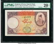 Iran Kingdom of Persia, Imperial Bank 20 Tomans 1.11.1929 Pick 15 Teheran PMG Very Fine 20 Net. Vivid reds, oranges, and yellows at center flow out in...