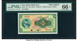 Iran Bank Melli 5 Rials ND (1932) / AH1311 Pick 18s Specimen PMG Gem Uncirculated 66 EPQ. A lovely and well preserved 5 Rials Specimen. The paper is f...