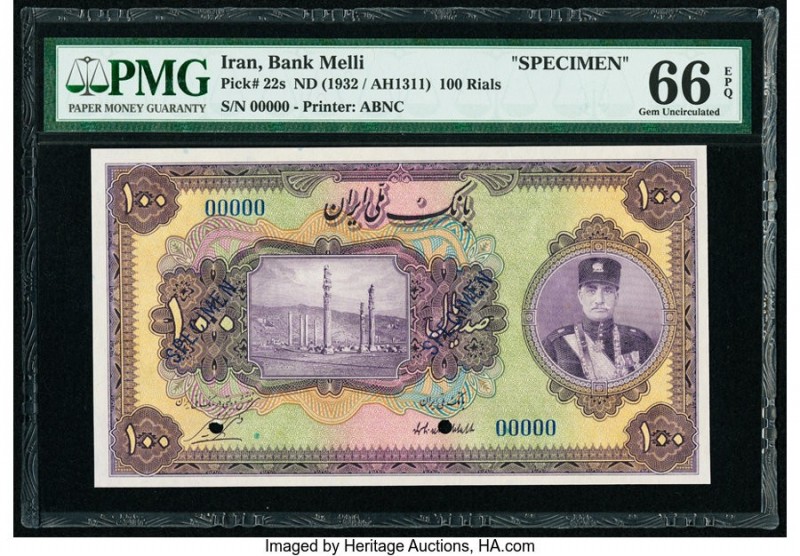 Iran Bank Melli 100 Rials ND (1932 / AH1311) Pick 22s Specimen PMG Gem Uncircula...