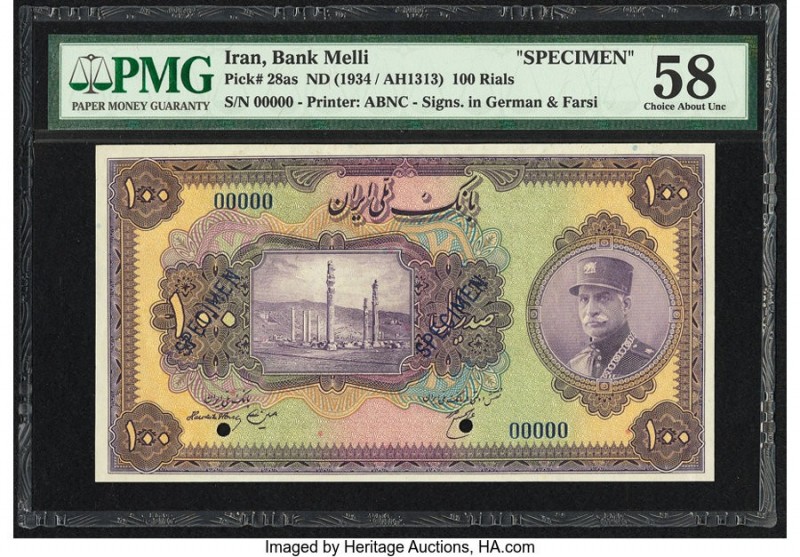 Iran Bank Melli 100 Rials ND (1934 / AH1313) Pick 28as Specimen PMG Choice About...