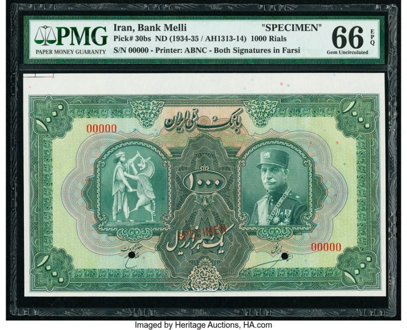 Iran Bank Melli 1000 Rials ND (1934) / AH1313 Pick 30bs Specimen PMG Gem Uncircu...