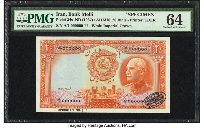 Iran Bank Melli 20 Rials ND (1937) / AH1316 Pick 34s Specimen PMG Choice Uncircu...