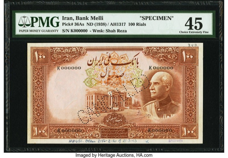 Iran Bank Melli 100 Rials ND (1938) / AH1317 Pick 36As Specimen PMG Choice Extre...