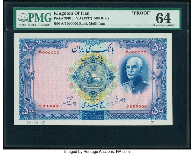 Iran Bank Melli 500 Rials ND (1937) Pick 36Bfp Face Proof PMG Choice Uncirculate...