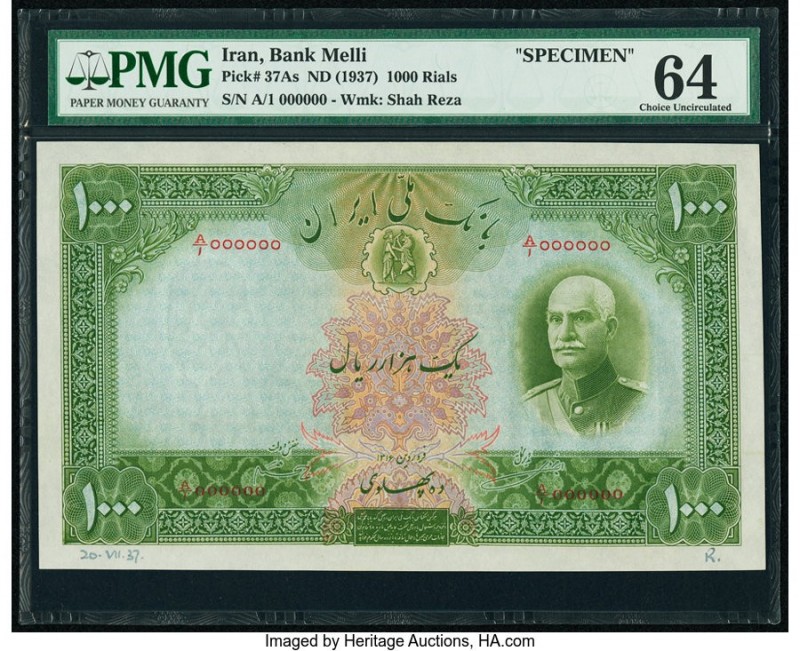 Iran Bank Melli 1000 Rials ND (1937) / AH1316 Pick 37As Specimen PMG Choice Unci...